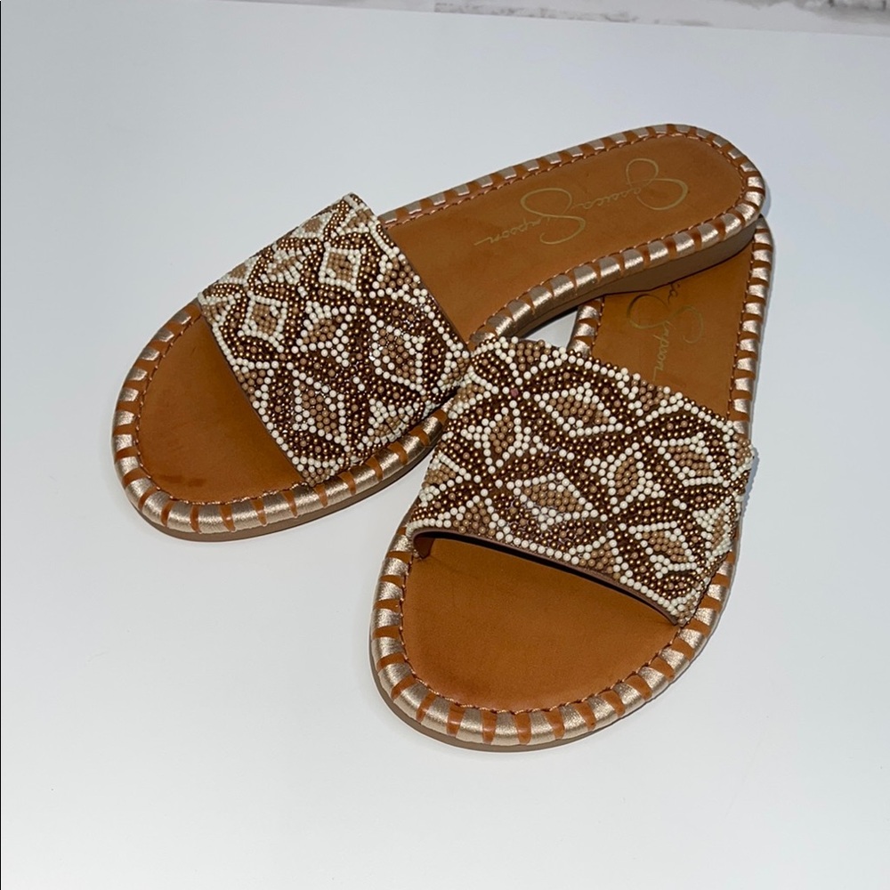 ✨Jessica Simpson Tan Beaded Slide Sandals Size 5 1/2 New Without Tag ✨ - Picture 2 of 5